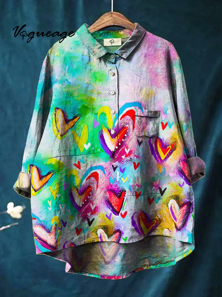 Beautiful And Colorful Love Heart Printed Cotton And Linen Shirt
