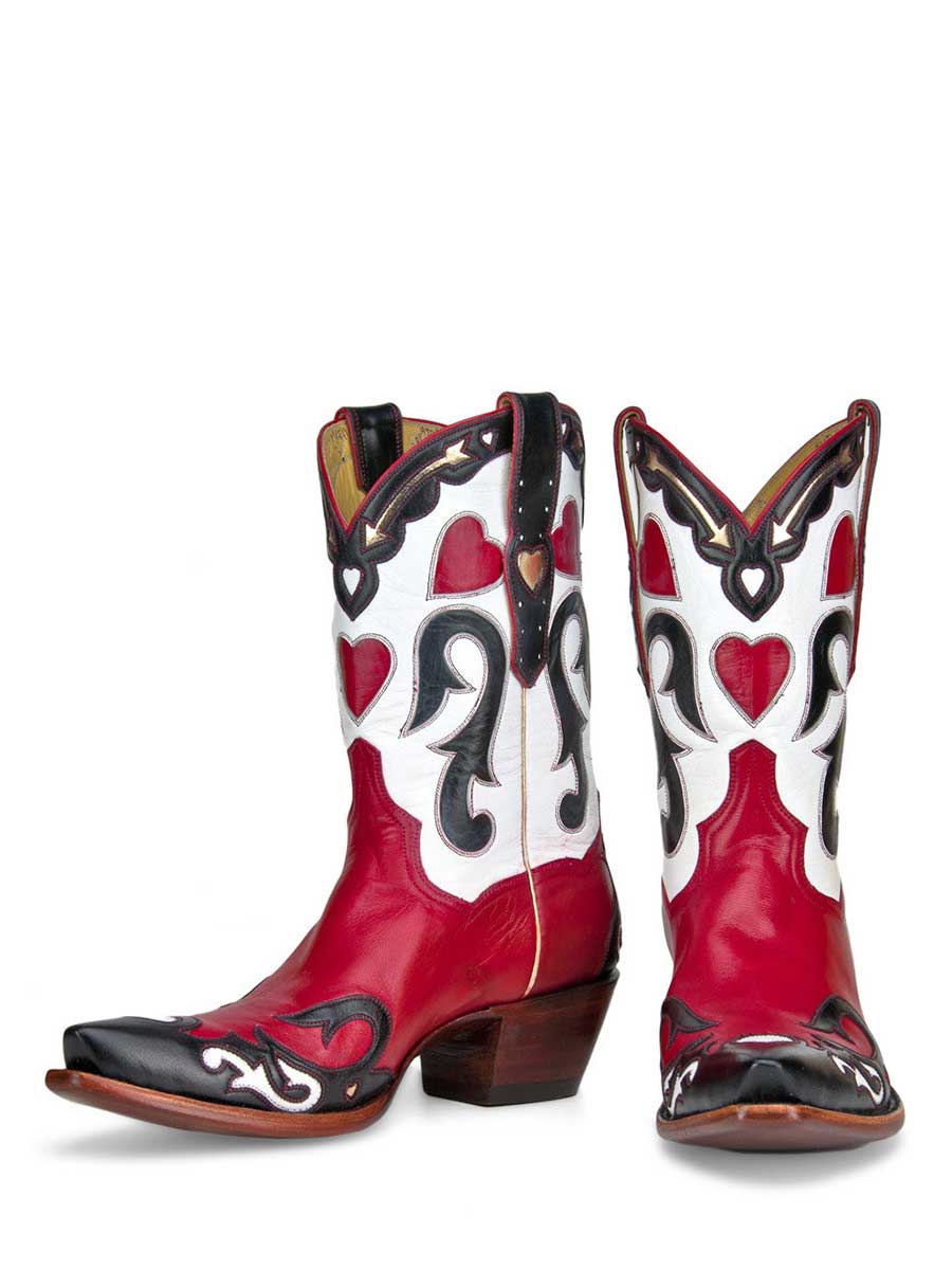 Red Chunky Heel Snip Toe Heart Inlay Mid-Calf Cowgirl Boots for Women