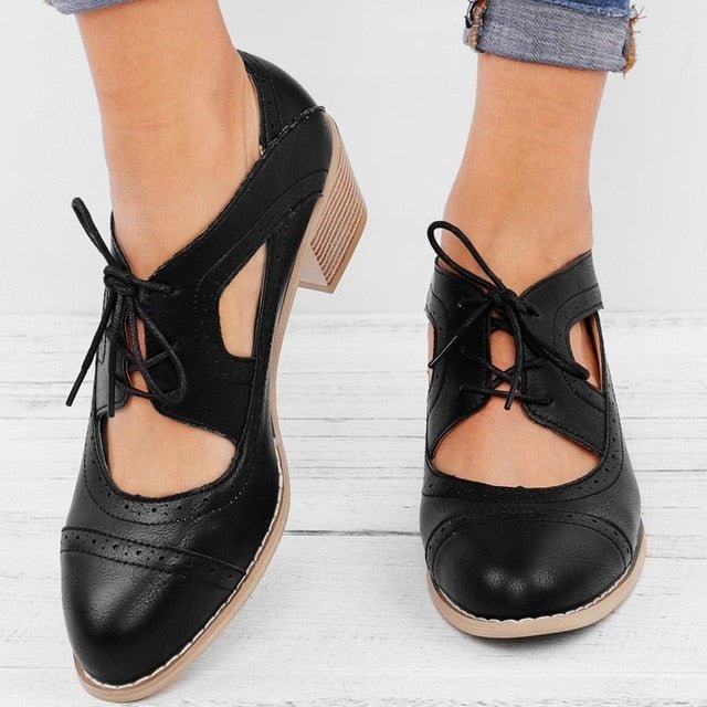 Summer Vintage London Brogue Shoes Women Lace Up Sandal Chunky High Heels Cut-Outs Female Casual  Plus Size 35-43 Woman Shoe