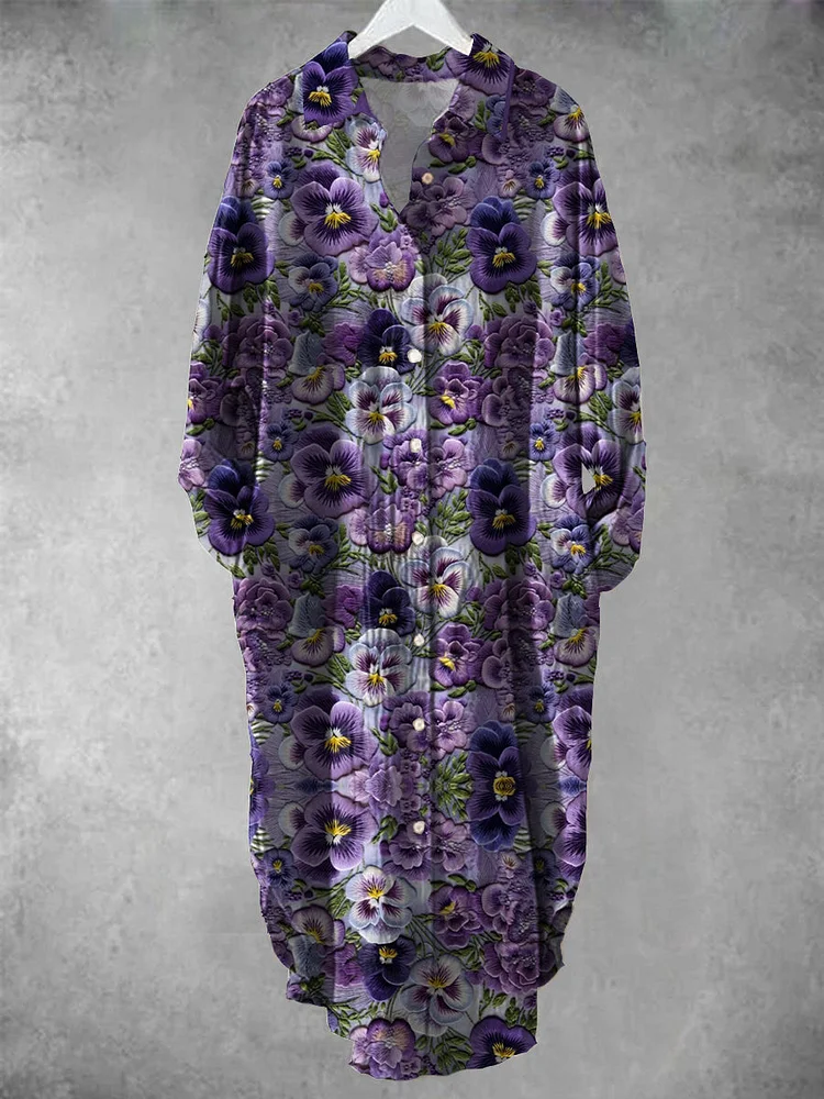Vintage Floral Art Print Chic à manches longues décontracté col en V bouton lâche robe de chemise