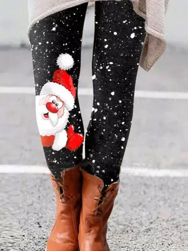 Women Black Christmas Cute Santa Claus With Snow Leggings