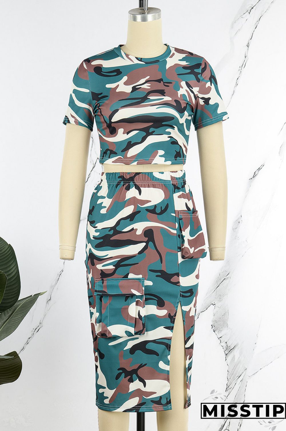 Coffee Casual Print Patchwork Slit O Neck Short Sleeve Two Pieces