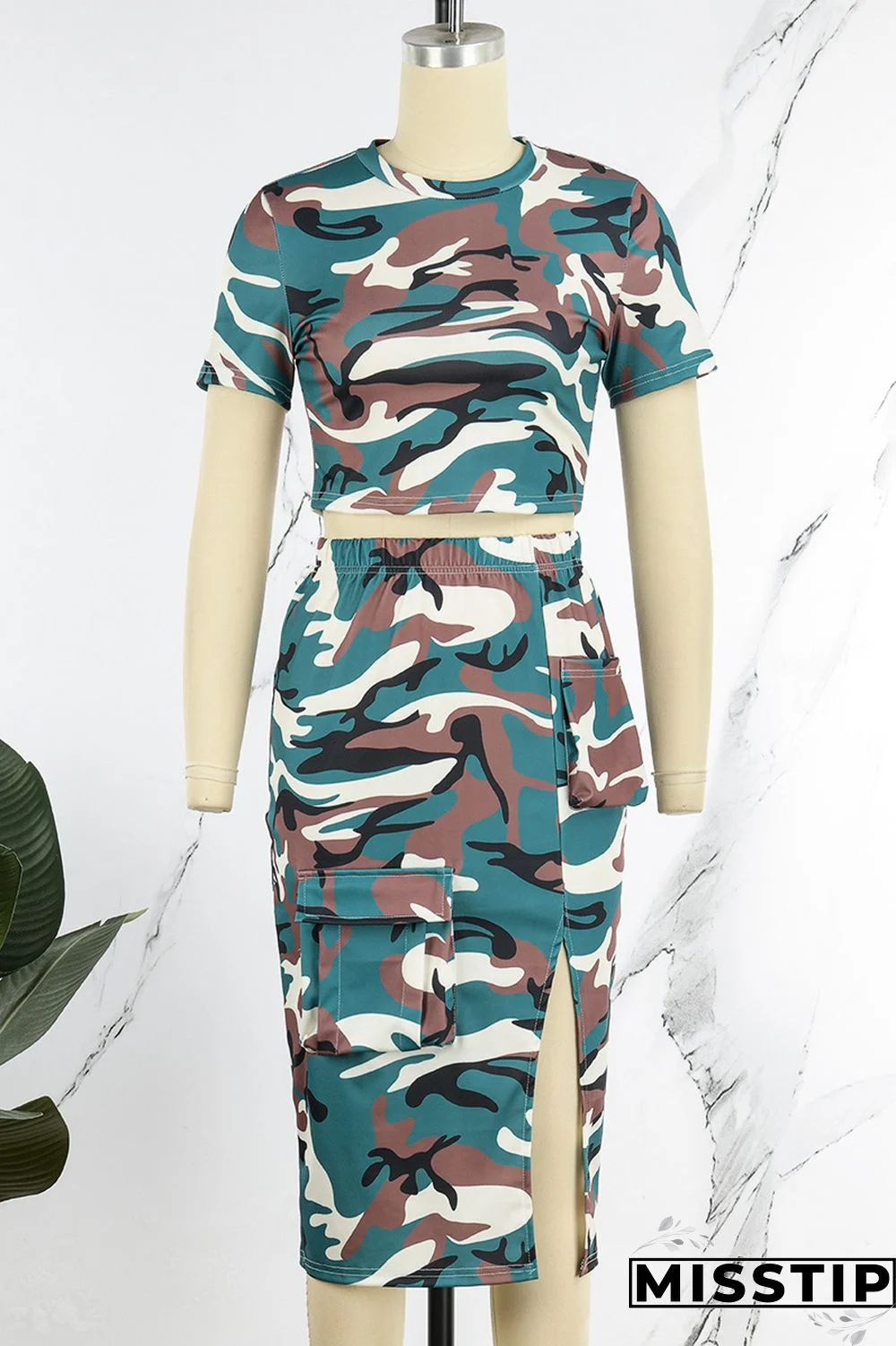 Coffee Casual Print Patchwork Slit O Neck Short Sleeve Two Pieces