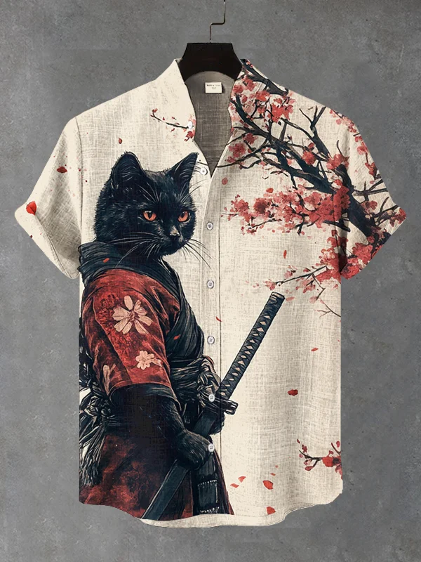 Men's Black Cat Samurai Japanese Art Print Casual Shirt