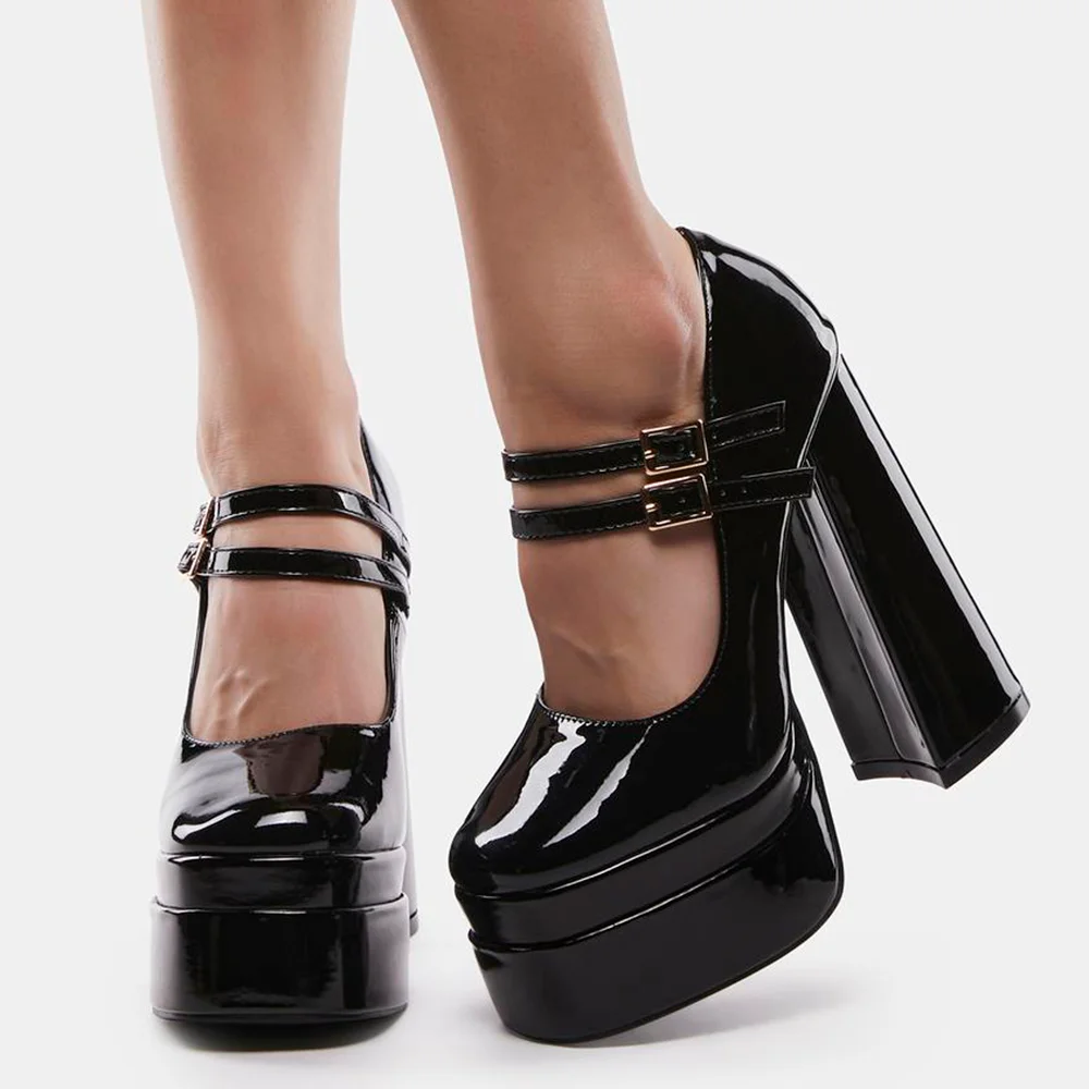 Black Leather Square Toe Pumps With Platform Ankle Strap Chunky Heels Nicepairs