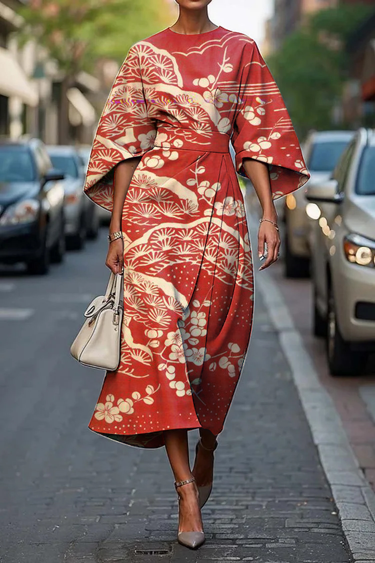 Women's Vintage Elegant Japanese Plum Blossom Print Midi Dress