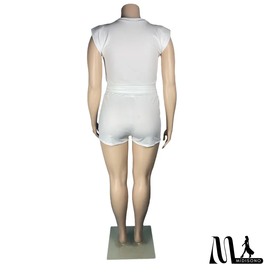 MidiSono - Plus Size Ladies Solid Letter Printed Shoulder Pads Top and Shorts Two Piece Set