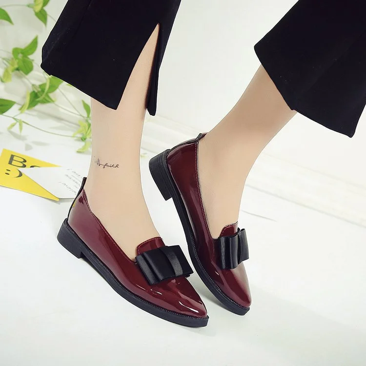 Spring Flats Women Shoes Bowtie Loafers Patent Leather Women's Low Heels Slip On Footwear Female Pointed Toe Thick Heel