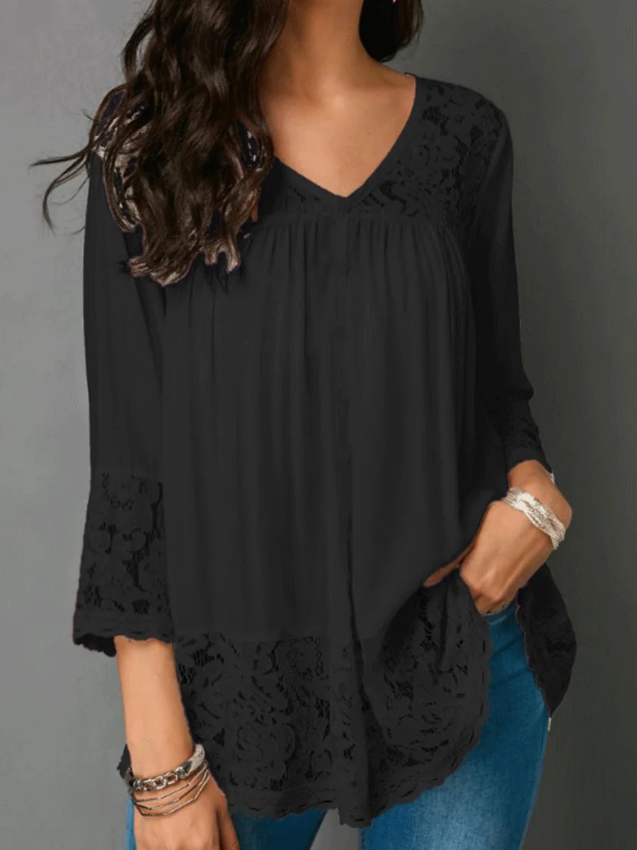 V-Neck Decorative Lace Three-Quarter Sleeve Blouses