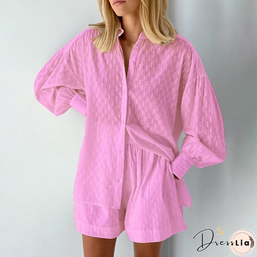 Elegant Jacquard Shorts2 Pieces Set Women Solid Long Sleeves Shirts Pants Sets Female Casual Tops Vacation Outfits