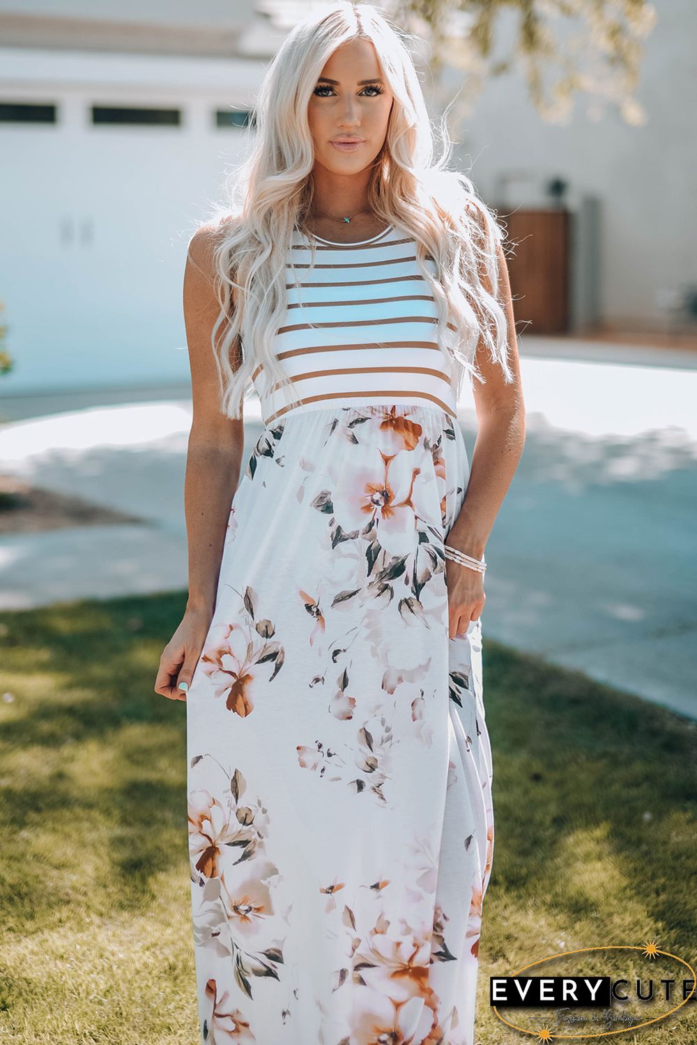 White Striped Floral Print Sleeveless Maxi Dress with Pocket