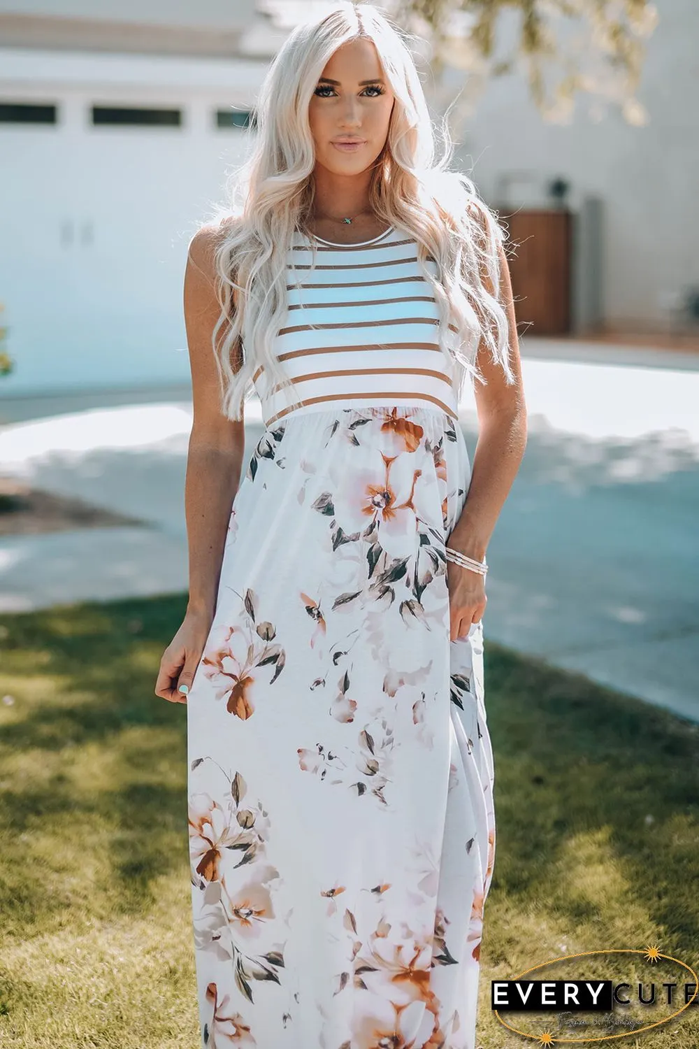 White Striped Floral Print Sleeveless Maxi Dress with Pocket
