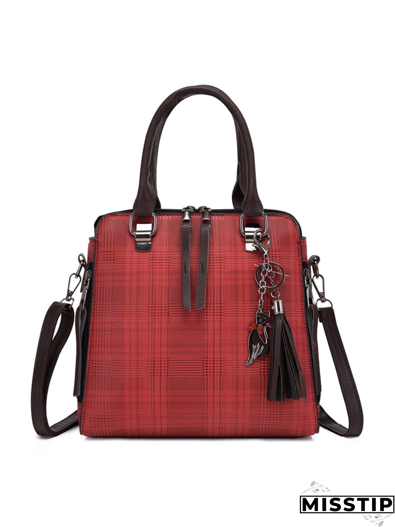 4pcs Colorblock Plaid Tassel Decor Tote Bag Set