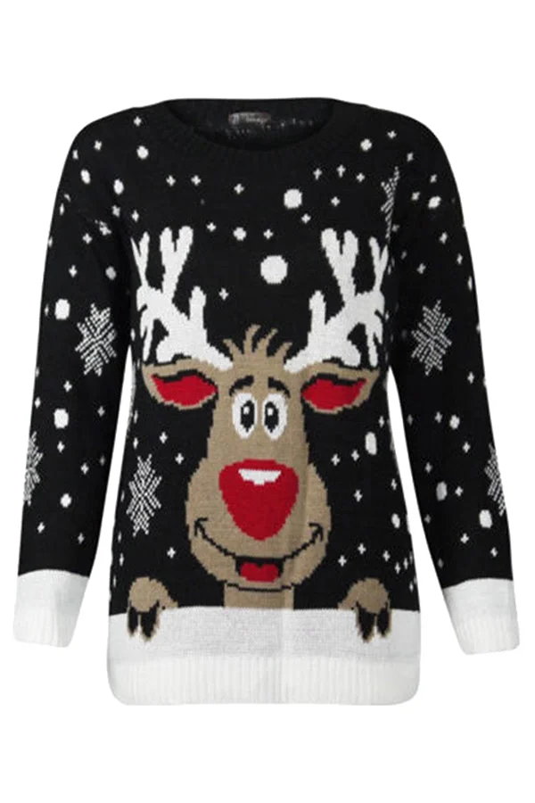 Long Sleeve Snowflake Cute Reindeer Ugly Christmas Sweater Black-elleschic