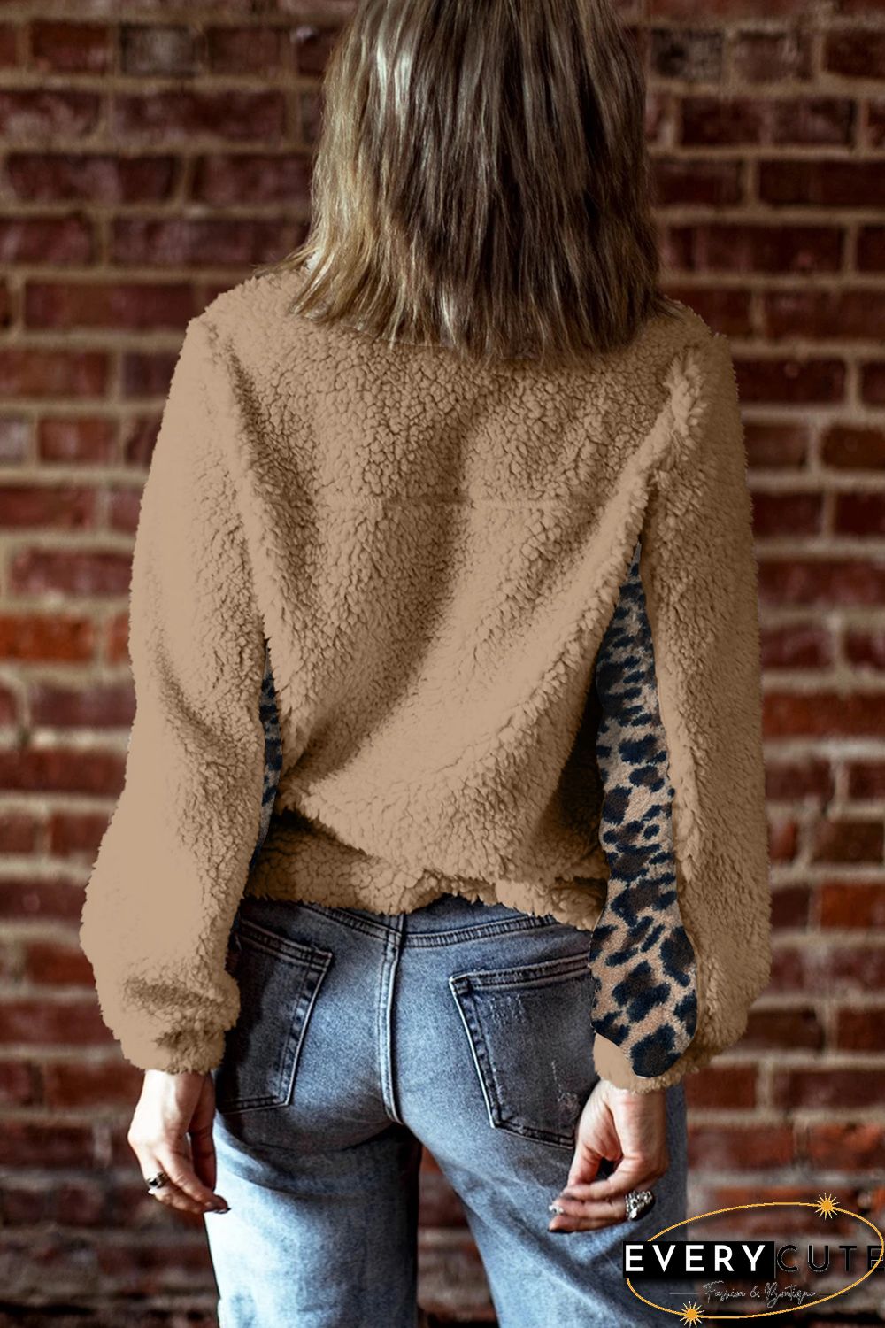 Khaki Turn-down Collar Leopard Splicing Sherpa Sweatshirt
