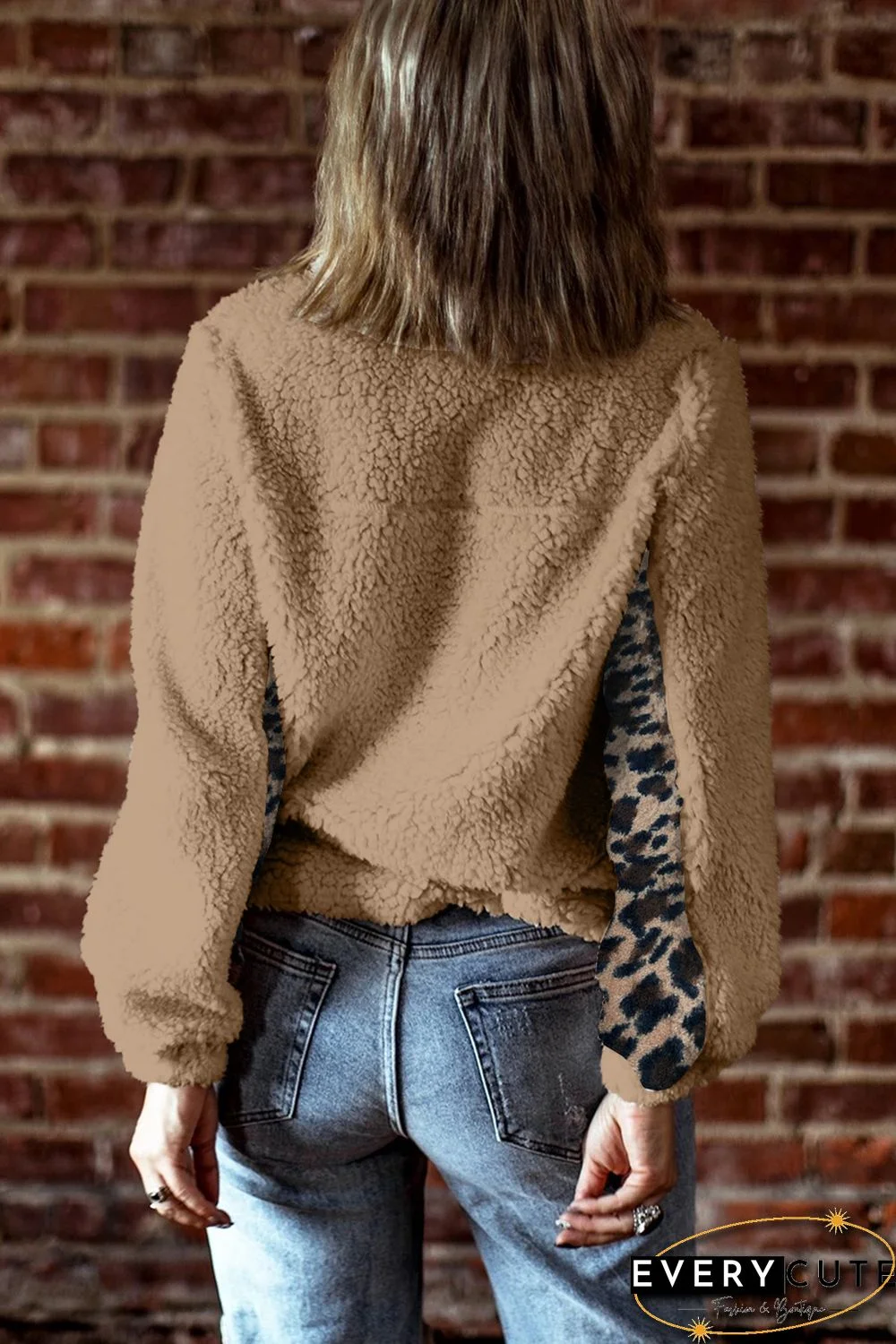 Khaki Turn-down Collar Leopard Splicing Sherpa Sweatshirt