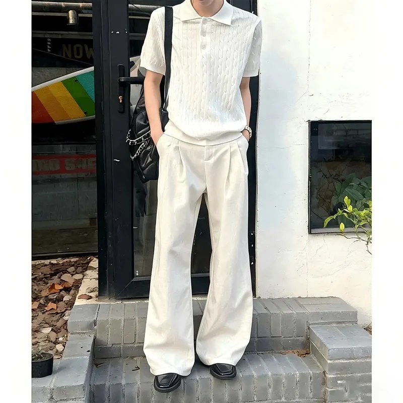 Men Double Pleat Linen Texture Floor Length Wide Leg Pants