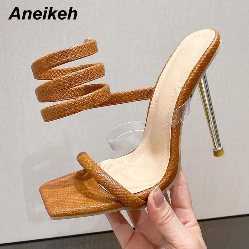 Aneikeh 2022 Rome Shallow Ankle Strap Sandals Women Summer Fashion Alligator Pattern Heigh Shoes Heels De Mujeres Elastic Band