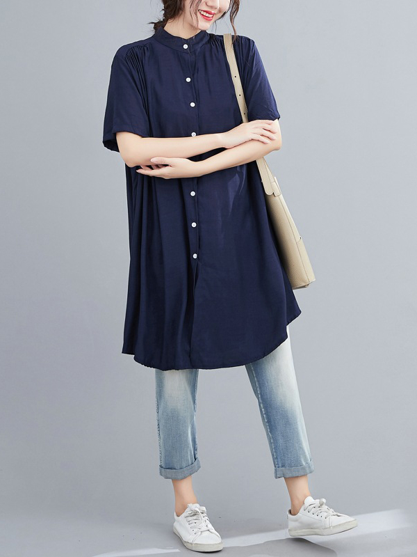 Stand Up Collar Short Sleeve Row Of Button Loose Midi Dress