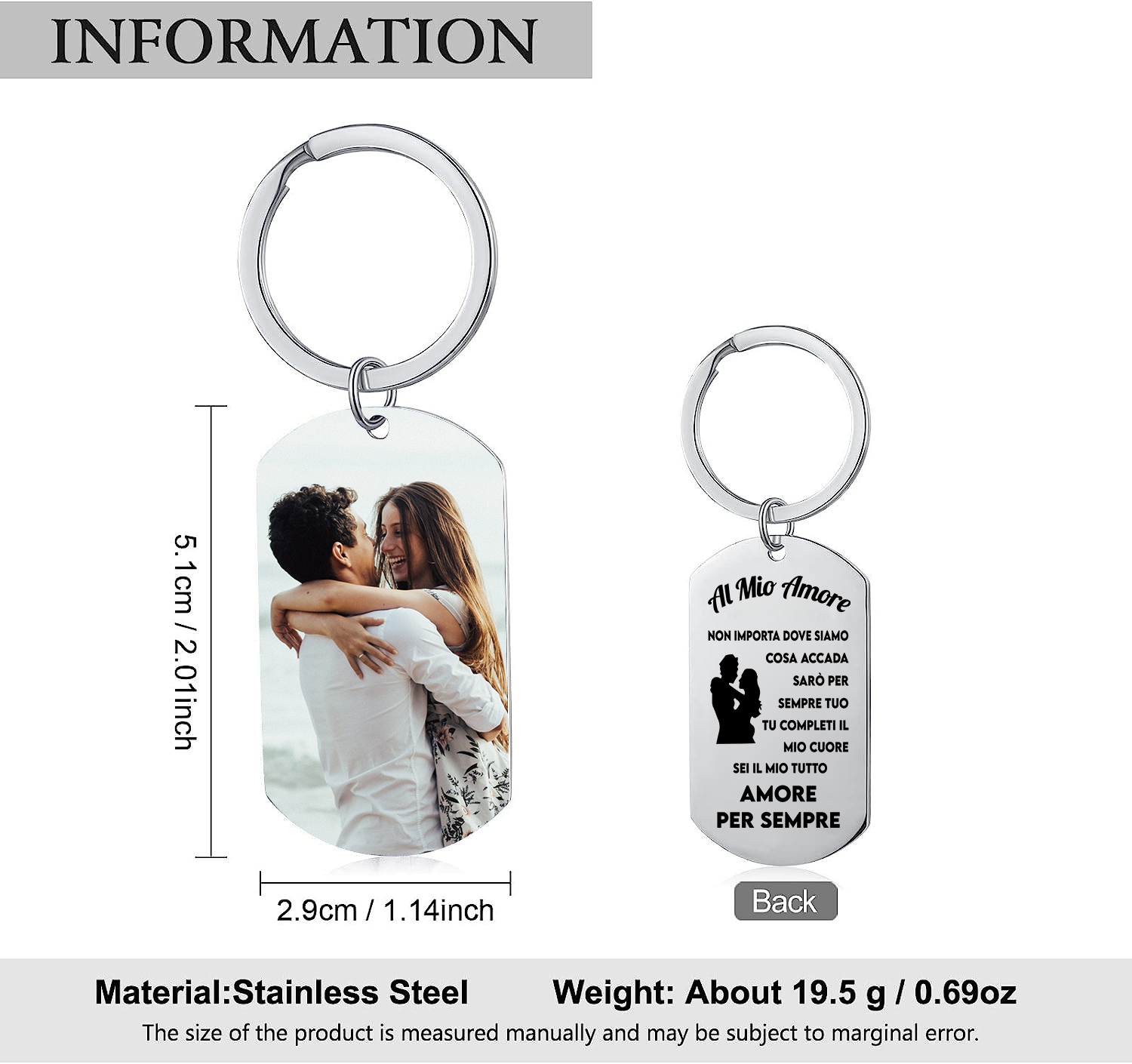 Portachiavi Coppia In Acciaio Inox Con Incisione – Regalo Per Moglie E Marito, Anniversario, San Valentino, Natale, Con Ciondolo