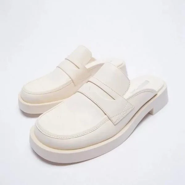 Qjong Beige Heeled Sandals Slippers Soft Shoes Woman 2021 Cover Toe Square heel Low Pantofle Black Comfort Flat Block Summer