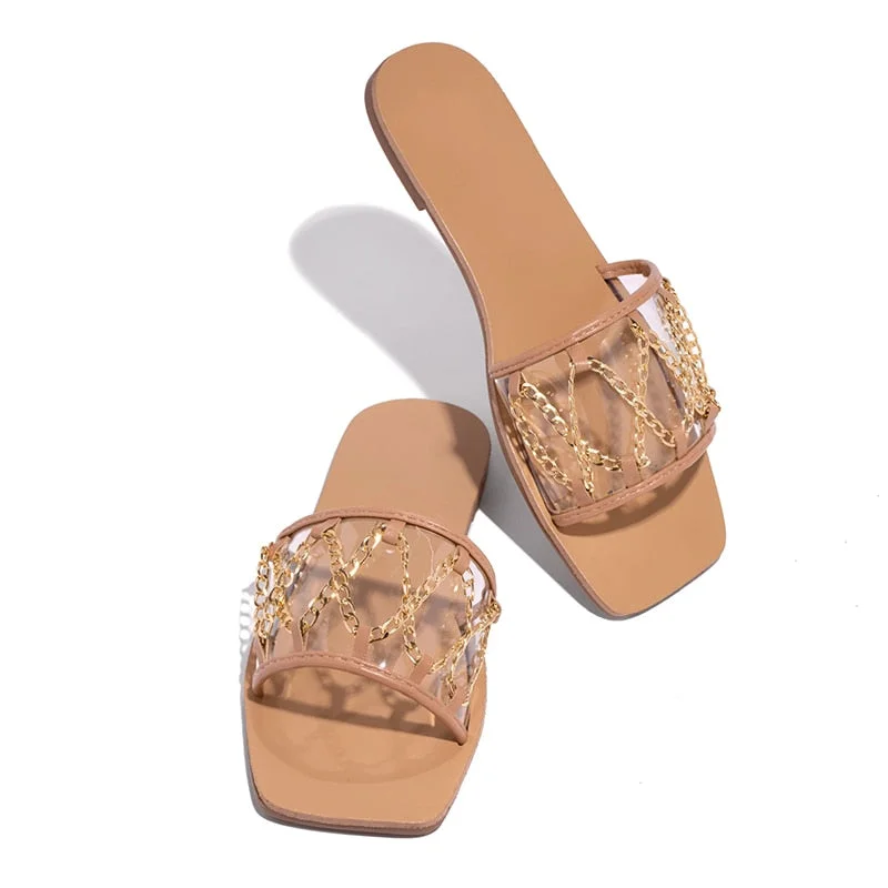 Sexy Luxury Women Fashion Slippers Outdoor Summer Modern Slides Transparent Upper Chain Cross-tied Woman Sandals Shoes Ladies