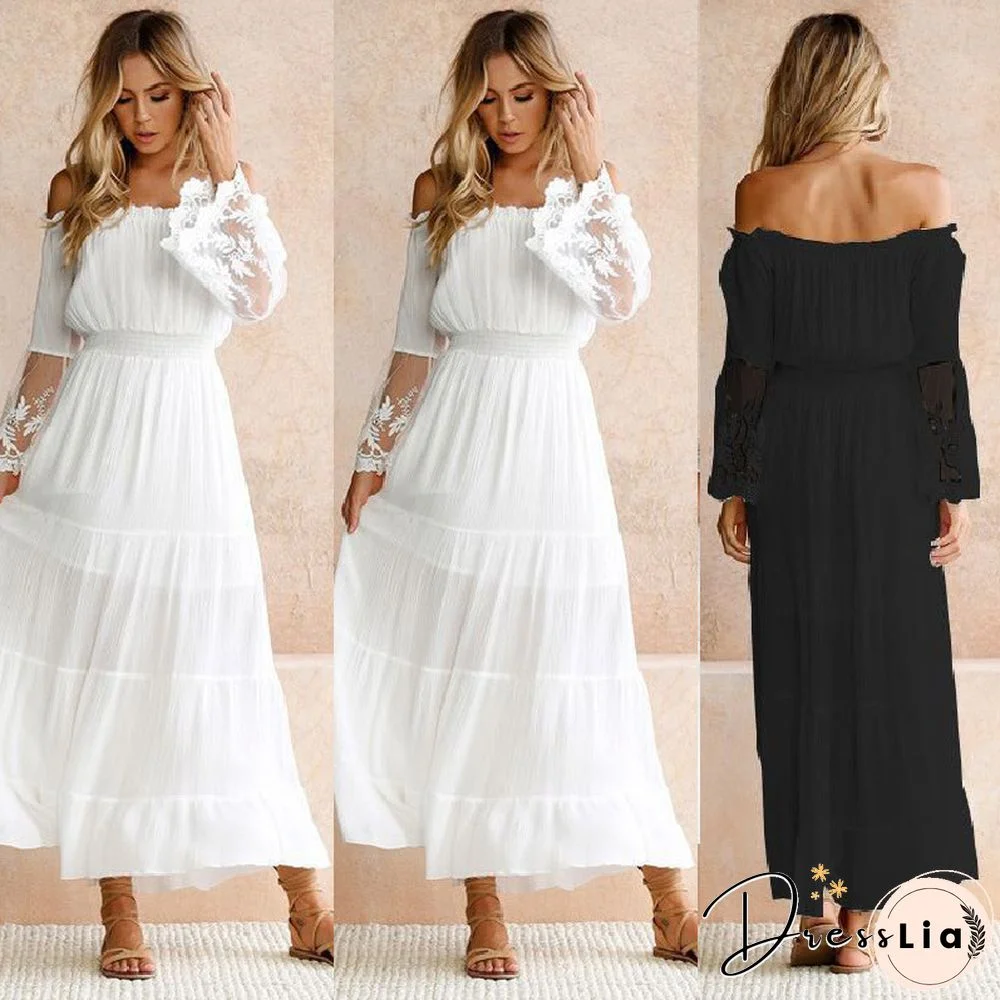 Women's Dress with Straight Neck Lace Stitching Dress White Dresses