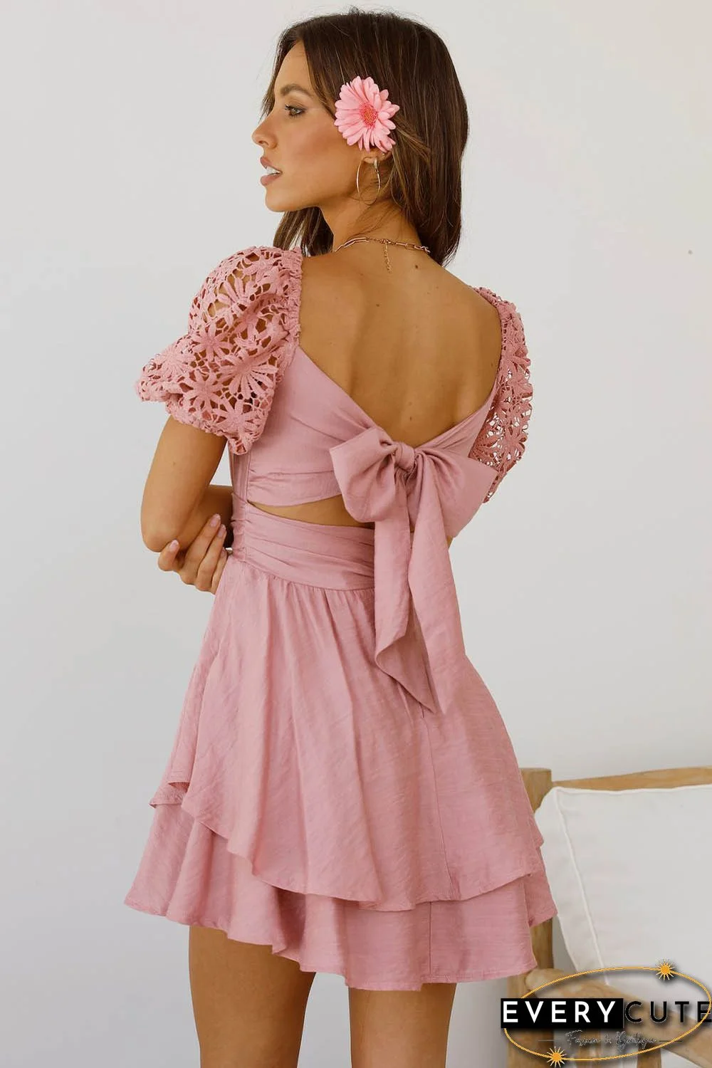 Pink Lace Sleeve Smocked High Waist Mini Dress