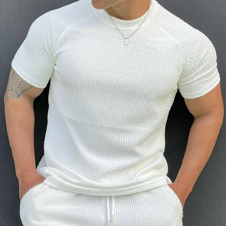 Men's Solid Striped Round Neck Short Sleeve Sports Casual T-shirt 18523718Z
