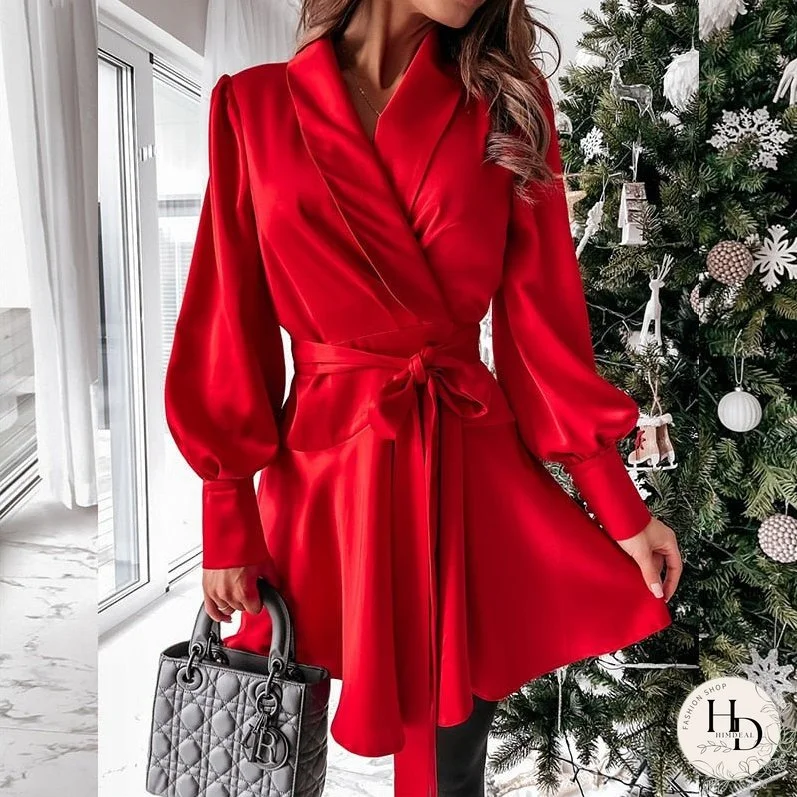 Elegant Button Lantern Long Sleeve Mini Dress Sexy Wrap V Neck Lace-Up Lady Party Dresses Women Fashion Solid Office Shirt Dress