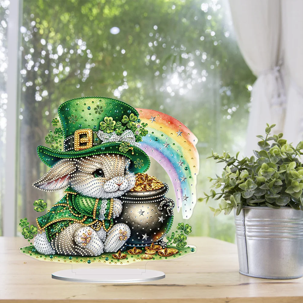 DIY Acrylic St. Patricks Day Rabbit Special Shape Diamond Painting Tabletop Ornament Creative Home Decor & Gift Idea for Adults - Relaxing Craft Activity