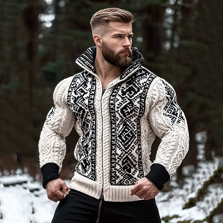 VChics Men's Viking Tribal Geometry Jacquard Celtic Knit Cardigan Sweater