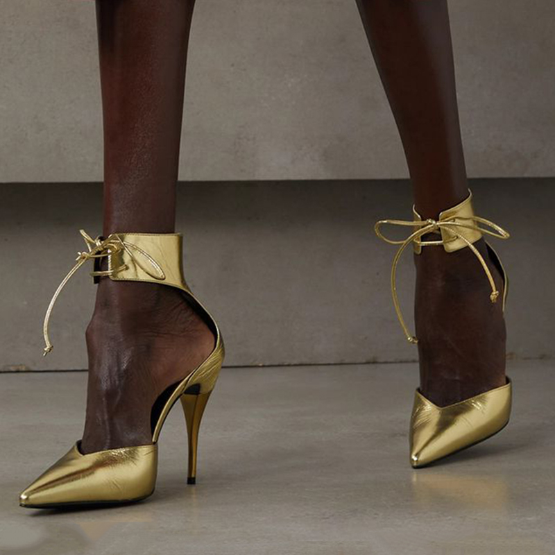 GOOSHOE Gold Heels Office Stiletto Pump With Pointy Lace Up Shoes