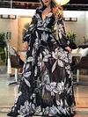 Stylish Floral Printed V-Neck Long Sleeves Maxi Dress