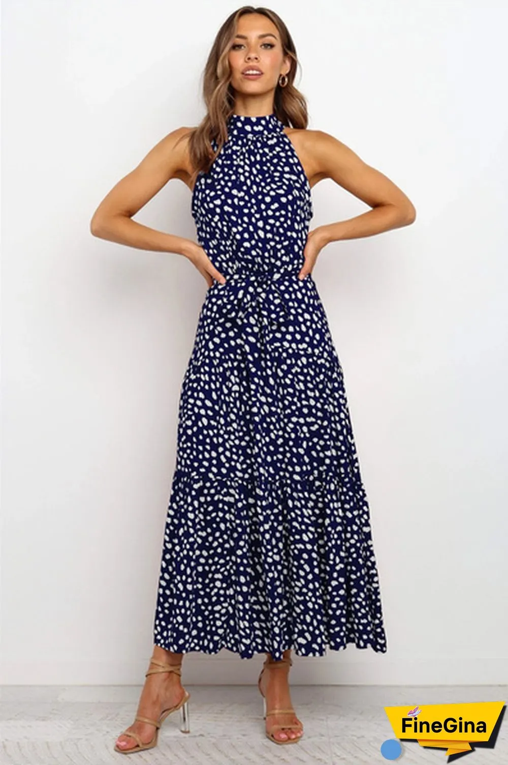 Plus Size Elegant Ladies Dress Sleeveless Collect Waist Polka Dot Long Boho Casual Beach