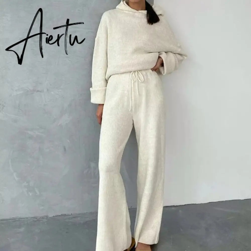 Aiertu  Casual Knit Hoodied With Pocket Two Piece Sets Women Solid Long Sleeve Top Wide Leg Pant Outfit Streetwear Tracksuit New Aiertu
