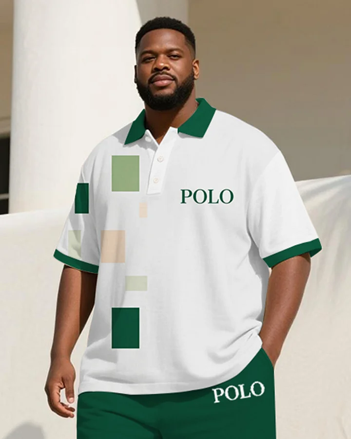 Men's Plus Size Green Geometric Colorblock Letter Print Short Sleeve Polo Shirt Shorts Suit