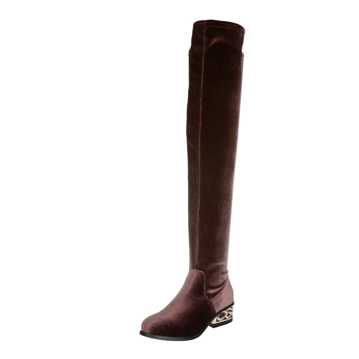 Brown Round Toe Decorative Heel Zipper Fringe Tie Over the Knee Boots Nicepairs