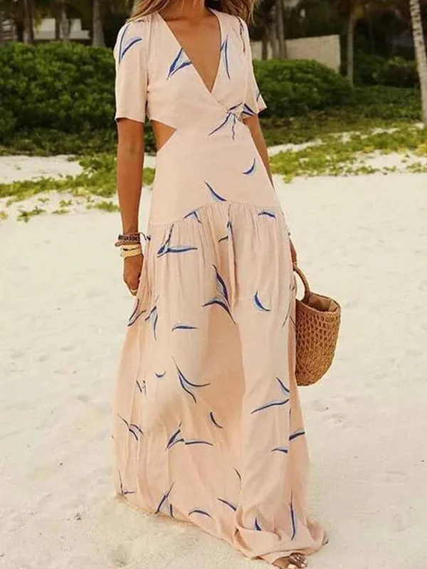 Belly-Hollow Floral Printed Hollow Empire Loose V-Neck Maxi Dresses