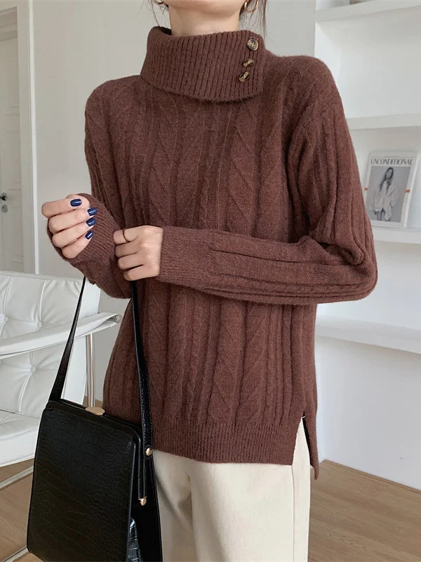 Original Casual 4 Colors Buttoned Jacquard High-Neck Long Sleeves Sweater Top