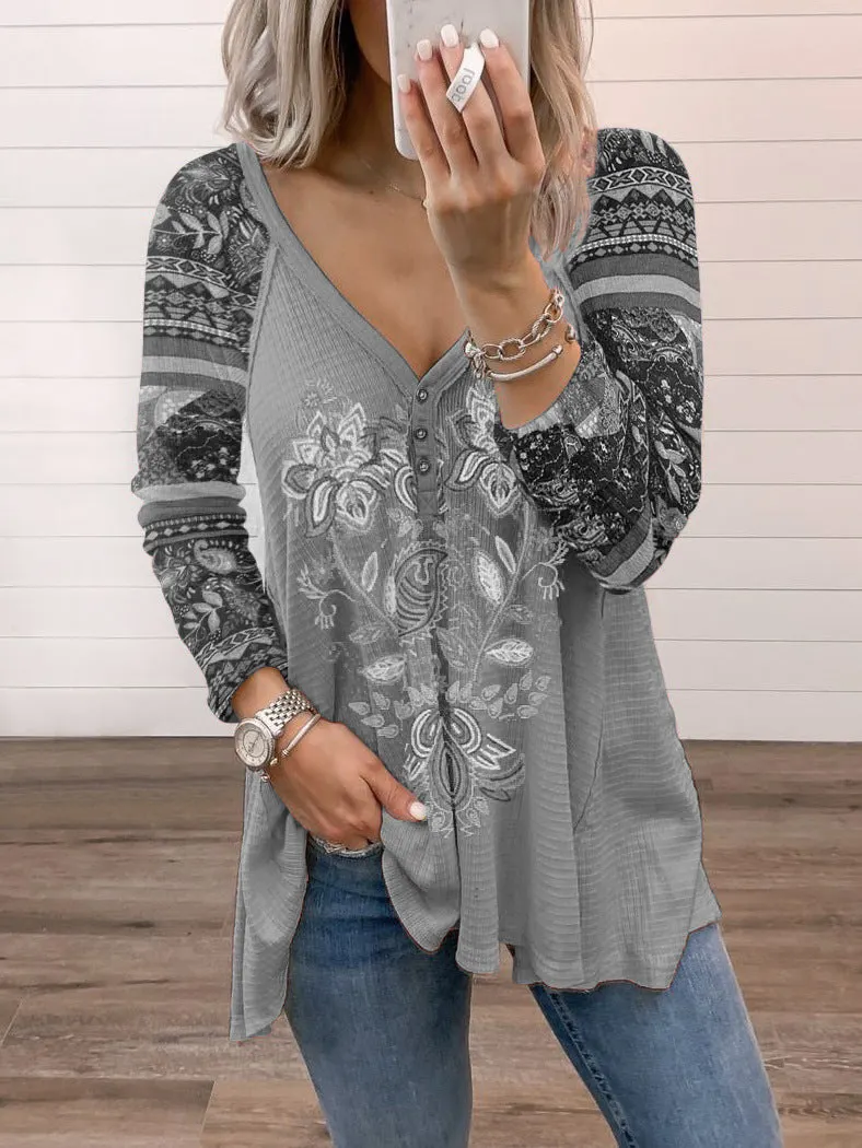 Brownm Collar Cotton Blend Pullover Print Long Sleeve Loose T-shirt Top
