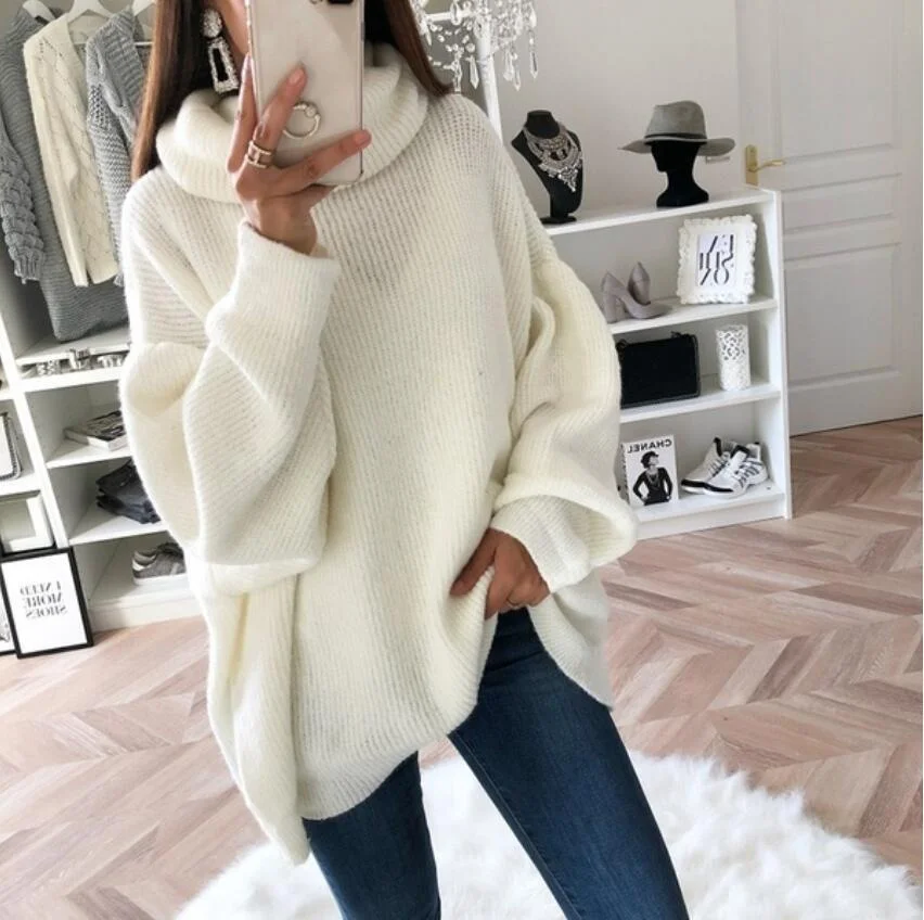 Mongw Mongw And Winter Hot Style Fashion Women's Casual Knit Sweater Loose Solid Color Turtleneck Sweater Women's Clothing