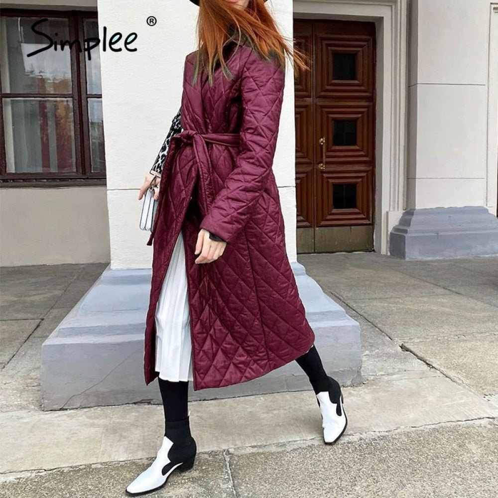 Simplee Cotton padded long winter coat female Casual pocket sash women parkas High street tailored collar stylish overcoat 2020