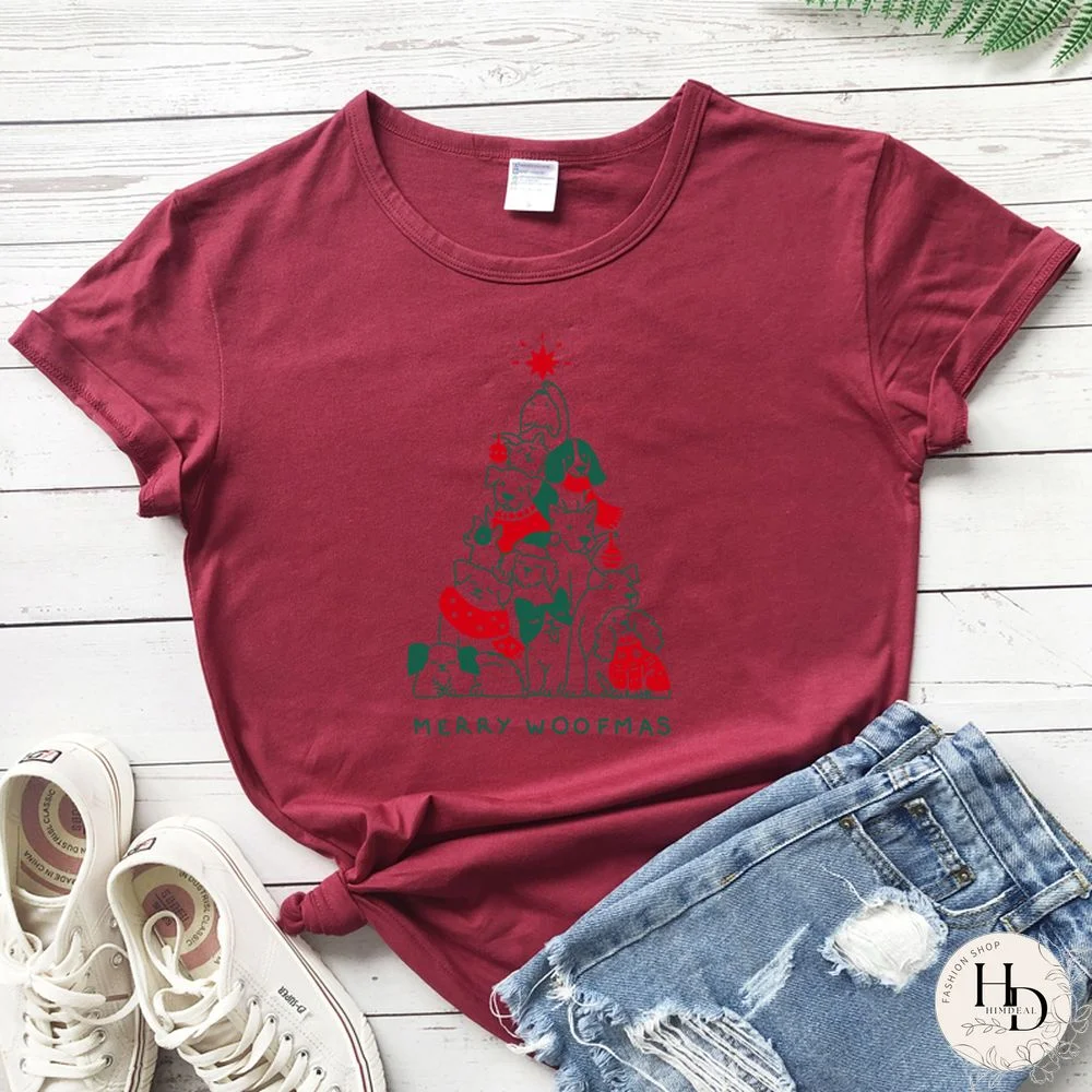 Merry Woofmas Colored Print T-shirt Kawaii Dog Lover Christmas Holiday Gift Tshirt Funny Women Graphic Tees Tops Drop Shipping