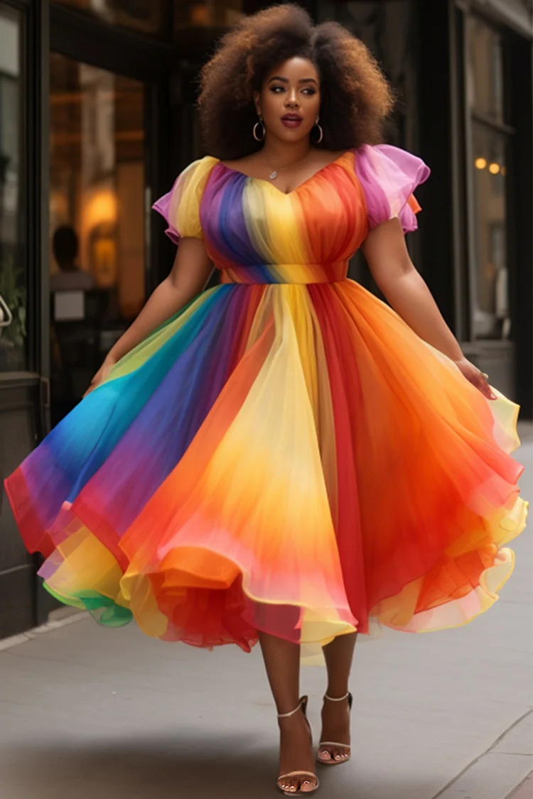 Xpluswear Design Plus Size Prom Multicolor Colorblock V Neck Puff Sleeve Short Sleeve Pleated Tulle Maxi Dresses [Pre-Order] 2024 - Xpluswear