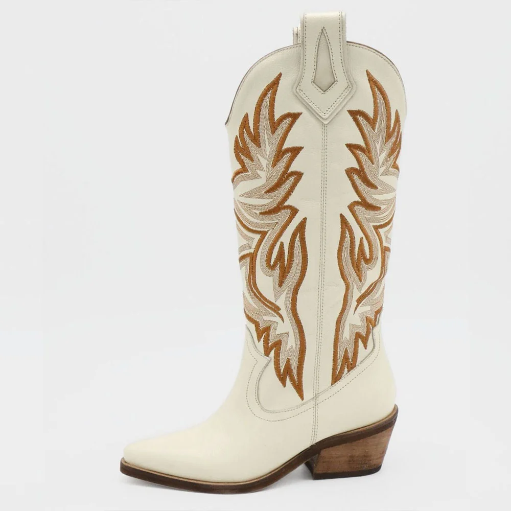 Ivory Chunky Heel Embroidered Snip Toe Western Cowgirl Boots for Women