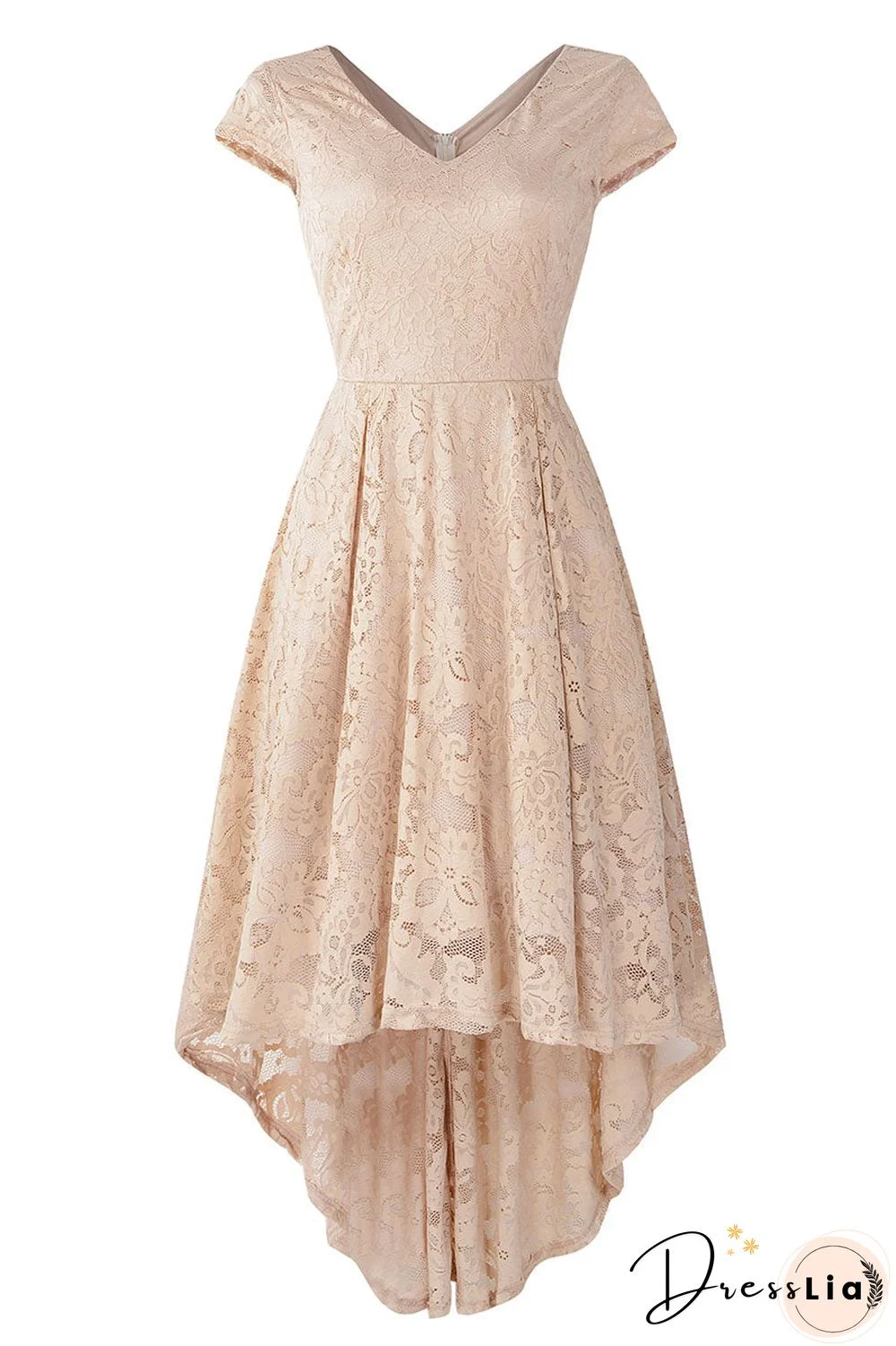 Champagne V Neck Cap Sleeve Lace Prom Dress