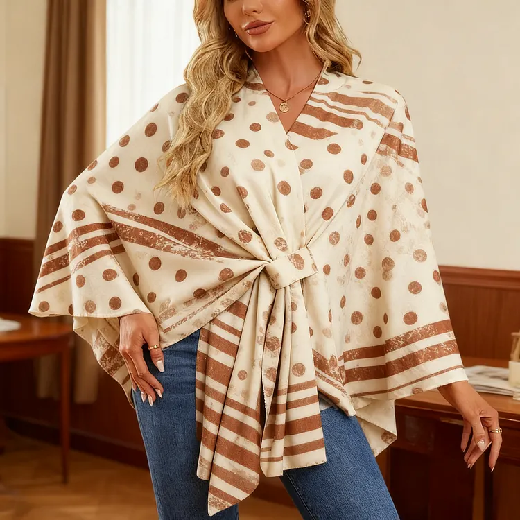 Vintage printing Elegant Shawl Wraps Soft Open Front Poncho Sweater 