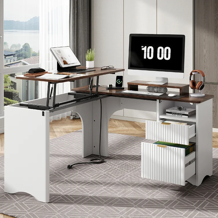 Bestier 55" L-shaped Computer PC Desk Lift Top with Power Outlets Storage Drawers and Monitor Stand