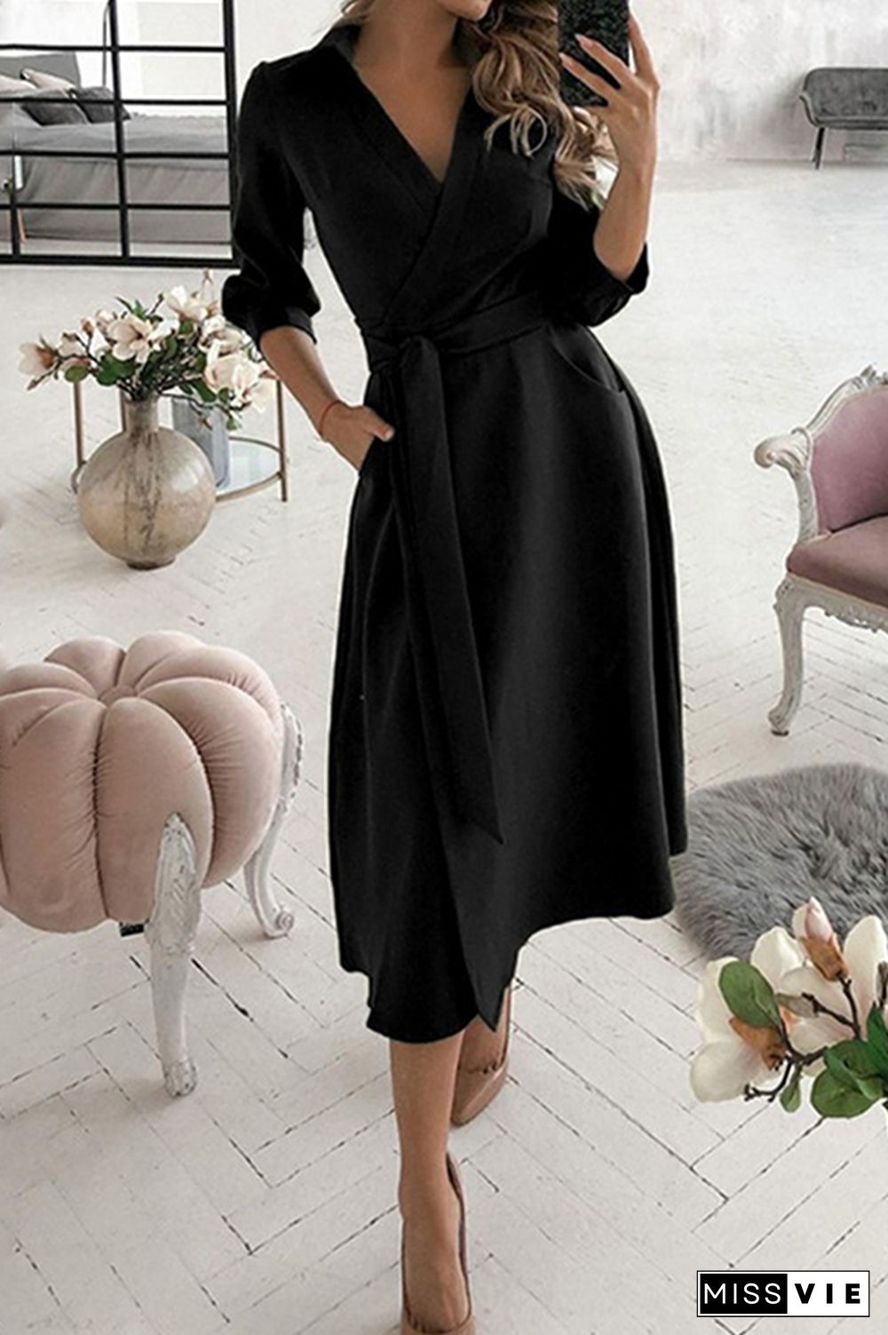 Fashion Elegant Print Solid Patchwork Frenulum V Neck A Line Dresses(10 Colors)